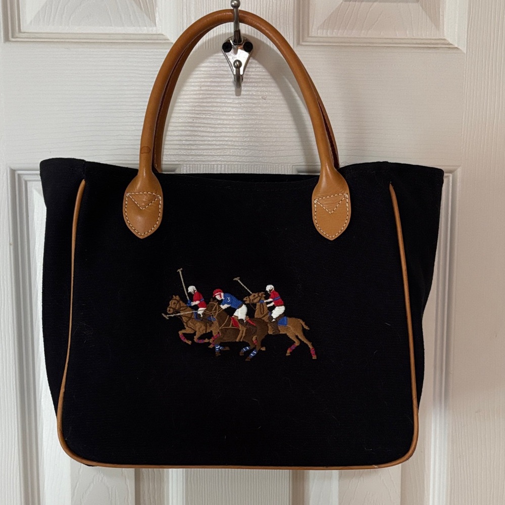 Ralph Lauren Black Polo Tote with Tan Leather Accents